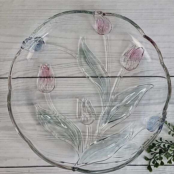 Mikasa Tivoli Tulip Plater Clear Crystal With Pink And Blue Tulips. 12" - Picture 6 of 7